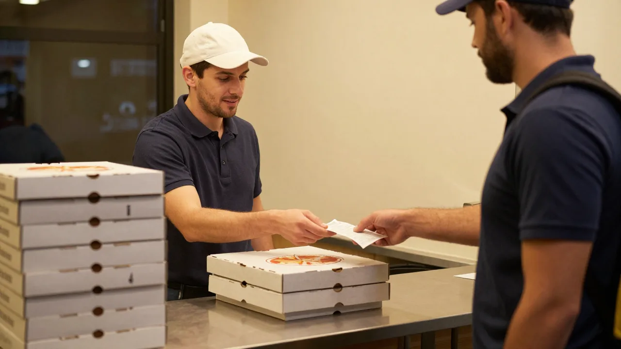 Pizzeria manager and delivery driver settling cash and receipts on a counter beside stacked pizza boxes at the end of a shift