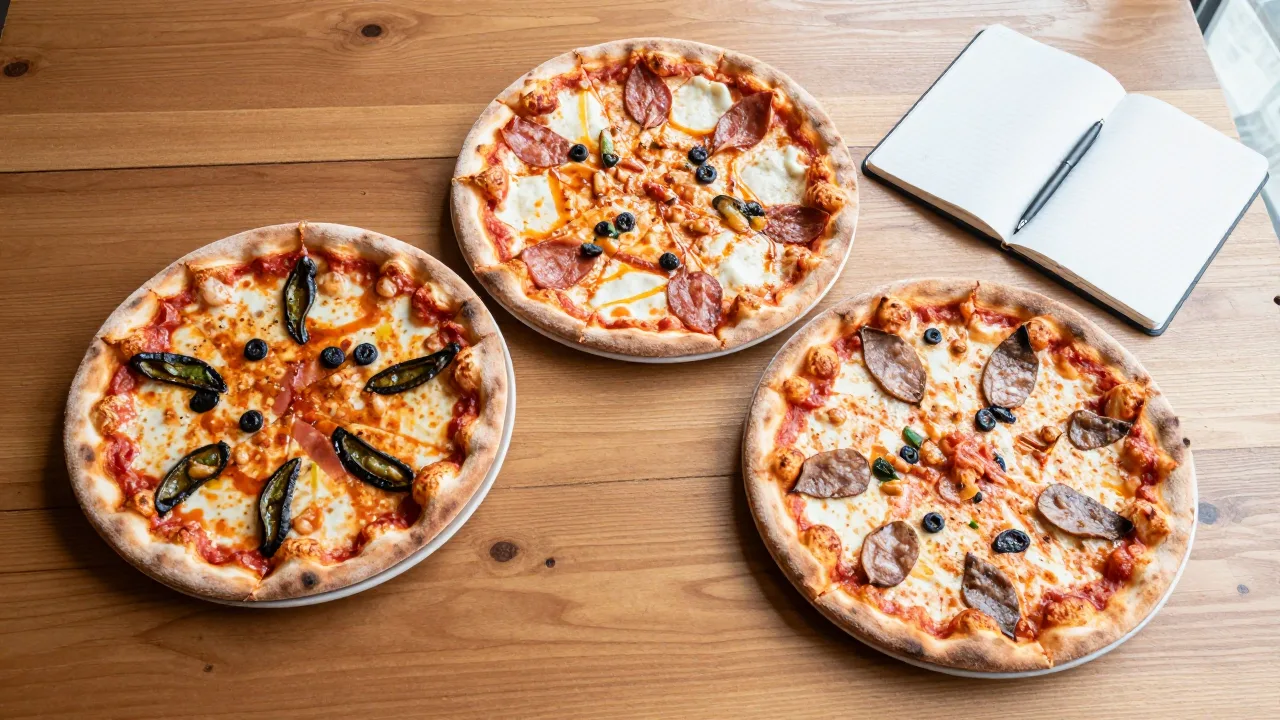 Overhead view of three pizzas in different sizes on a wooden table with a notebook and pen beside them