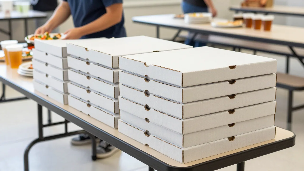 Stack of large catering pizza boxes on a folding table in a school cafeteria with staff setting out plates and drinks