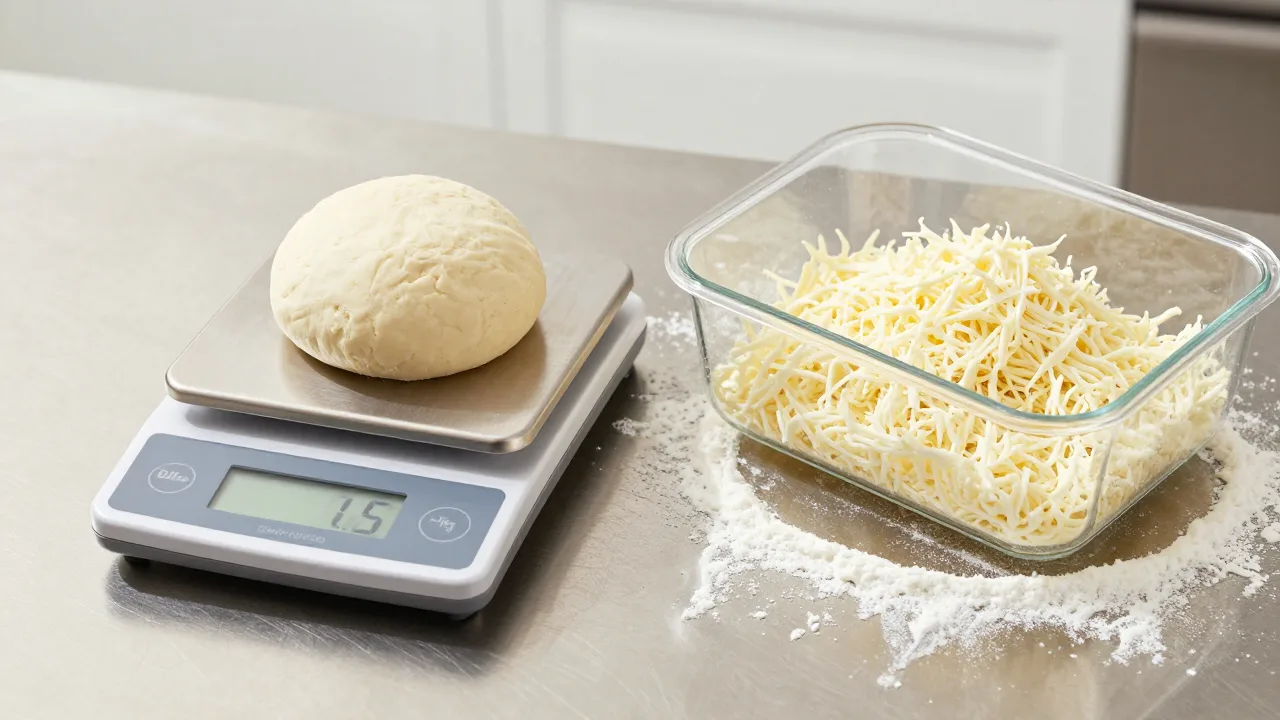 Digital kitchen scale holding a dough ball beside a tub of shredded mozzarella on a floured stainless prep table