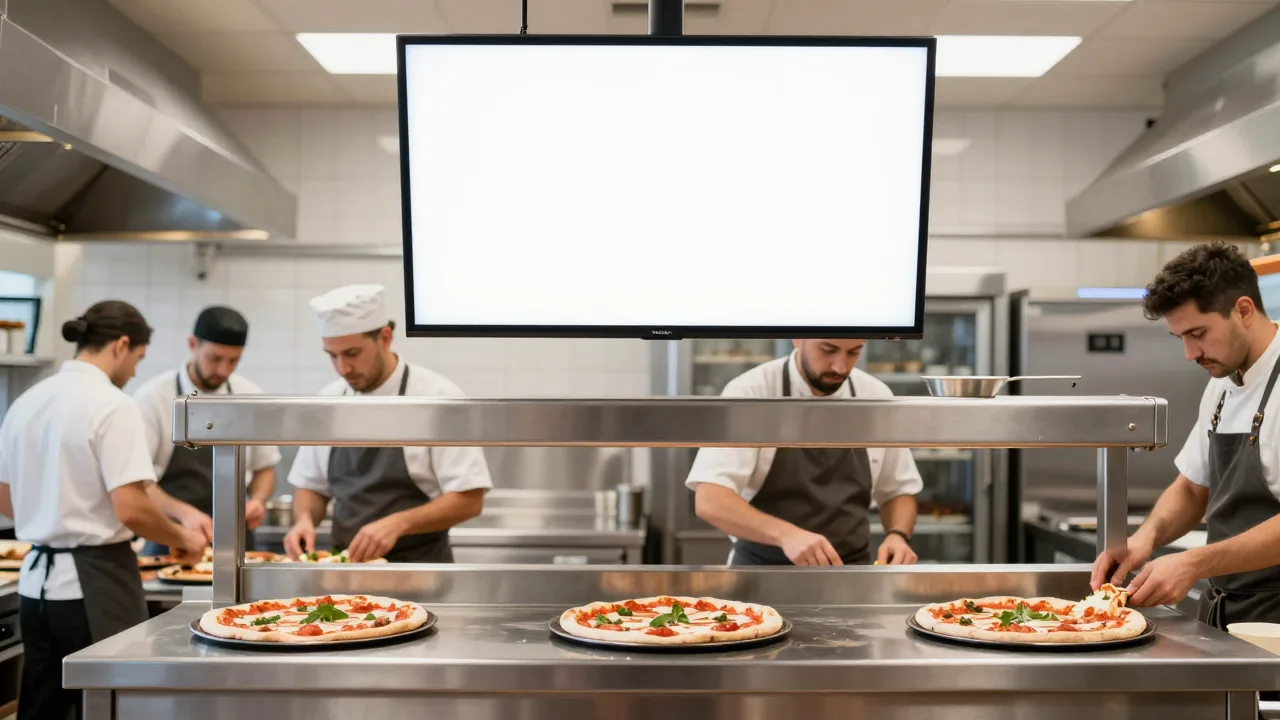 Pizzeria make line with a kitchen display screen mounted above cooks assembling pizzas at separate stations