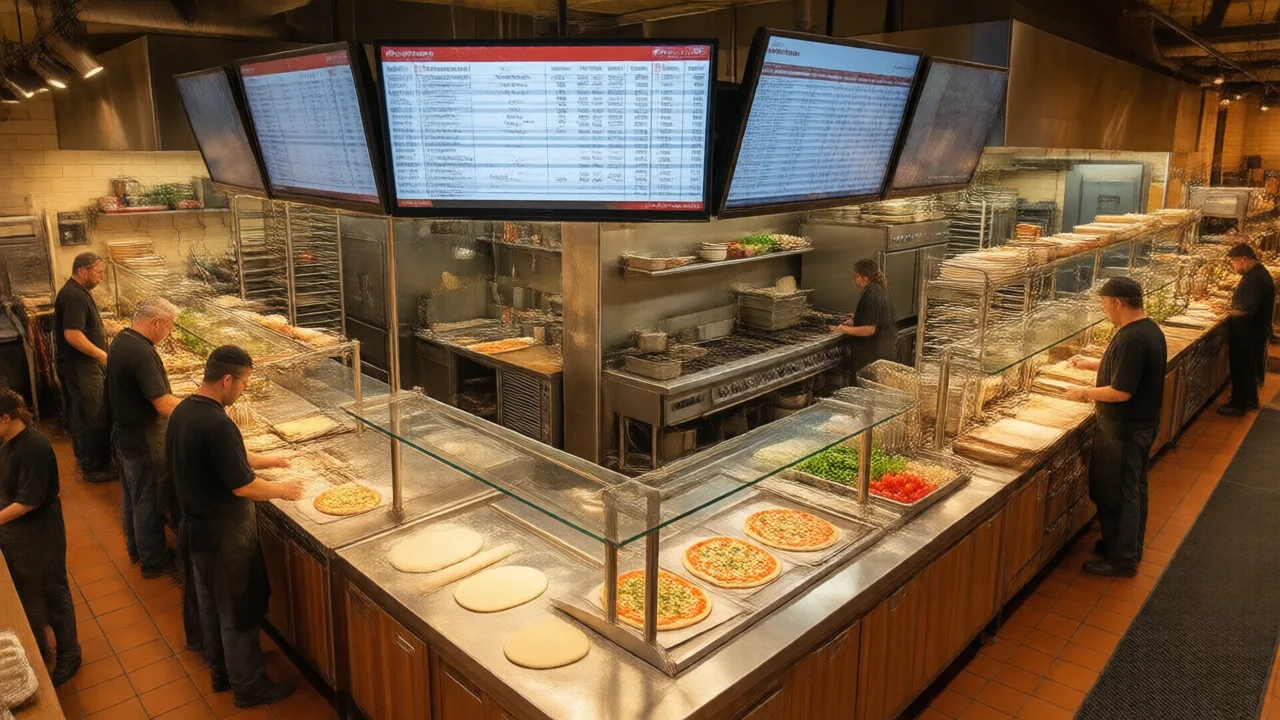 Pizzeria make line with digital display screens above each station showing order tickets